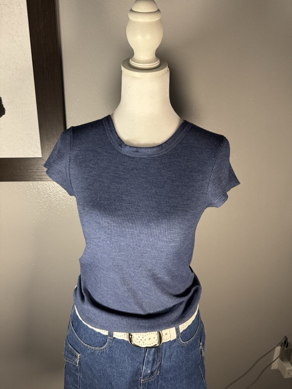 American Eagle Shirt Womens Small Blue Waffle Knit Short Sleeve Crew Neck
